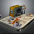 Vintage Retro Radio With Flowers Newspaper Coffee Cup And Socket On Table