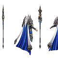 Fantasy Game Character With Ornate Silver Armor Blue Flowing Cape Decorative Spear And Dynamic Poses 3d model