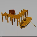 Wooden Boat 3D Model Design With Wooden Dock Red Seat And Oar