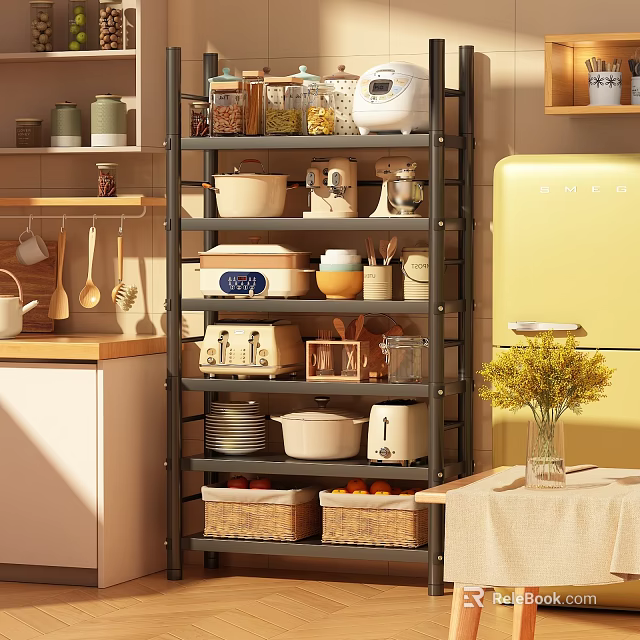 Practical Multi tiered Kitchen Storage Shelf With Pots Containers Small Appliances And Plates 3d model 