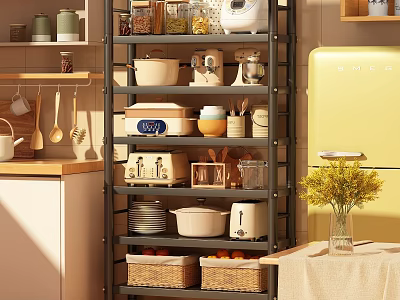 Practical Multi tiered Kitchen Storage Shelf With Pots Containers Small Appliances And Plates 3d model