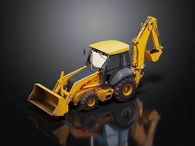 Yellow Backhoe Loader Excavator With Front Bucket Large Tires And Reflective Surface 3d model