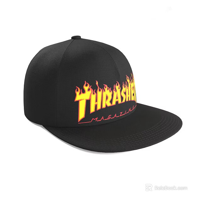 Black Snapback Hat with Flame Design and THRASH METAL Lettering 3d model