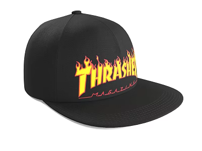 Black Snapback Hat with Flame Design and THRASH METAL Lettering 3d model