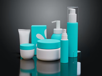 Modern Teal And White Cosmetic Products With Pump Bottles Jars And Tubes 3d model