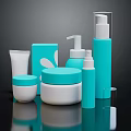 Modern Teal And White Cosmetic Products With Pump Bottles Jars And Tubes