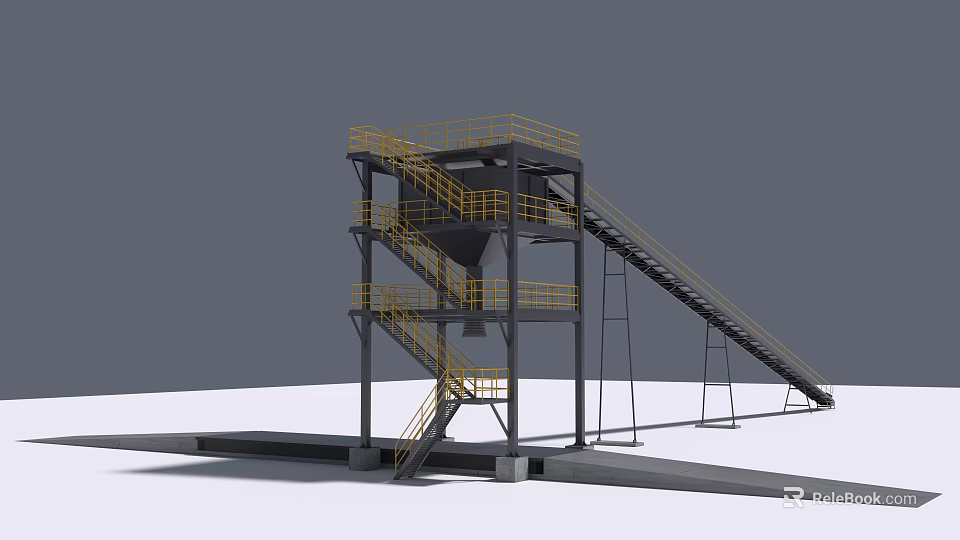 Industrial Processing Equipment Featuring Multi Level Platform Yellow Safety Railings Staircase And Conveyor System 3d model 