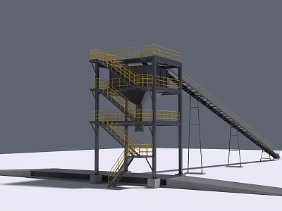 Industrial Processing Equipment Featuring Multi Level Platform Yellow Safety Railings Staircase And Conveyor System 3d model