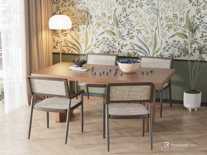 Wooden Dining Table Set With Woven Chairs Floral Wallpaper Floor Lamp And Blueberry Bowl 3d model 