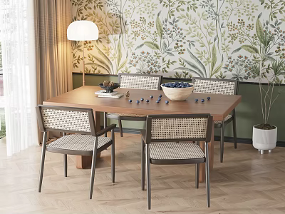 Wooden Dining Table Set With Woven Chairs Floral Wallpaper Floor Lamp And Blueberry Bowl 3d model