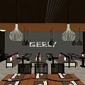 Modern Restaurant Interior With Hanging Lamps Wooden Ceiling Partition Screens And Tile Floor