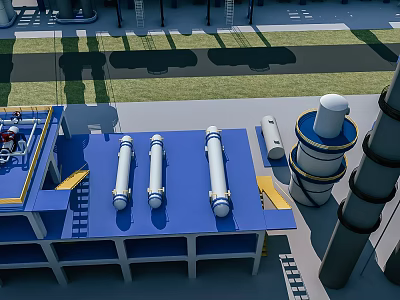 Modern Industrial Equipment Setup With Blue Platform White Cylindrical Tanks Pipes and Industrial Towers 3d model