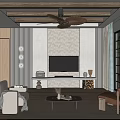 Modern Living Dining Room Interior With Beige Sofa Wooden Ceiling And Arched Shelves