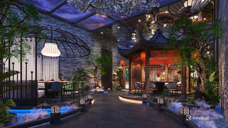 Traditional Chinese Clubhouse Interior Design With Garden Courtyard And Pavilion Lighting Decor 3d model 