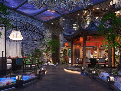 Traditional Chinese Clubhouse Interior Design With Garden Courtyard And Pavilion Lighting Decor 3d model