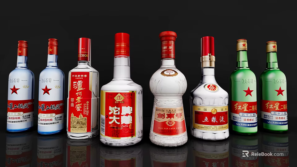 Various Chinese Baijiu Bottles Displayed In A Row With Reflection 3d model