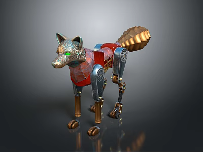 Decorative Mechanical Wolf Toy With Metal Parts Red Decoration Golden Accents And Green Eyes 3d model