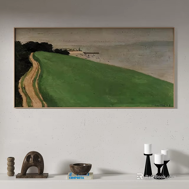 Landscape Painting Featuring Green Hillside Dirt Path Trees Distant Pier And Ocean View 3d model 