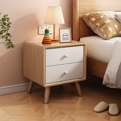 Light Wood Nightstand With White Drawers Table Lamp And Colorful Blocks In Bedroom 3d model
