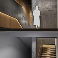 Modern Interior Space With Concrete Walls Wooden Stairs And Silhouette Figures