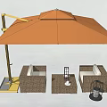 Outdoor Wicker Sofa Set With Large Orange Parasol And Side Table 3d model