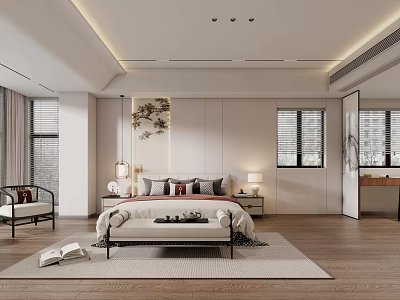 Minimalist Modern Bedroom Interior With Wooden Flooring Large Bed Bench Table Lamps And Bedside Art 3d model