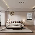 Minimalist Modern Bedroom Interior With Wooden Flooring Large Bed Bench Table Lamps And Bedside Art