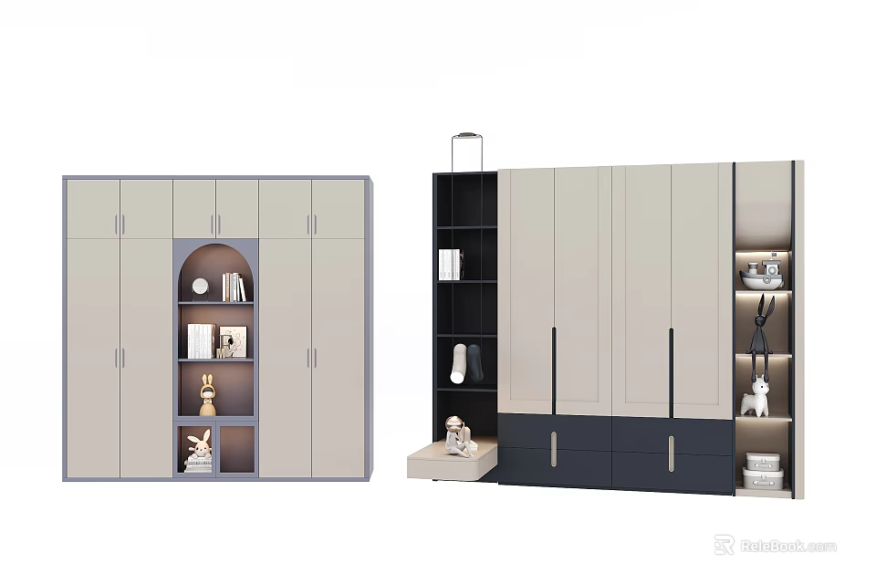 Modern Wardrobe With Multiple Doors Drawers Open Shelves And Decorative Items 3d model 