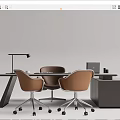 Modern Office Desk With Brown Wheeled Chairs Computer Desk Lamp And Storage Cabinet