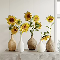 Textured Ceramic Vases With Bright Sunflowers On Concrete Surface By Window In Natural Light