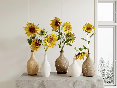 Textured Ceramic Vases With Bright Sunflowers On Concrete Surface By Window In Natural Light 3d model