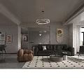 Modern Living and Dining Room Interior With Black Sofa Brown Chair And Black White Rug