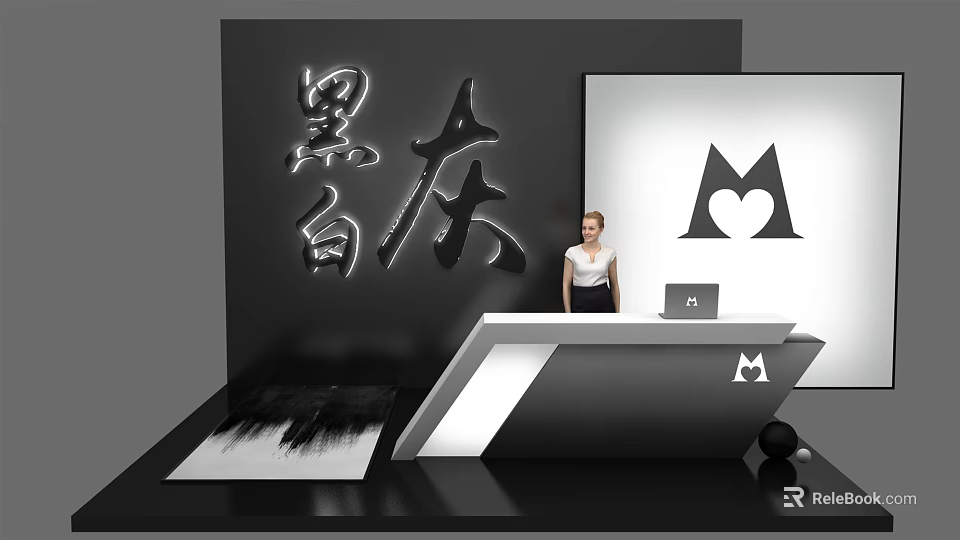 Modern Reception Desk With Black White Gray Color Scheme Artistic Characters And Large Screen Logo 3d model 