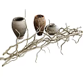 Decorative Ornament Set With Assorted Colored Clay Vases And Natural Twigs