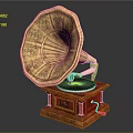Vintage Gramophone With Golden Horn Red Base And Decorative Patterns