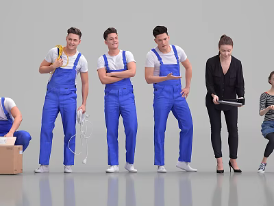 Group of Workers in Blue Overalls and Colleagues with Digital Tablet 3d model