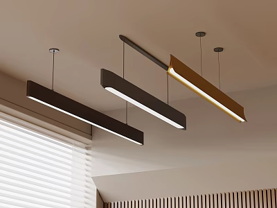 Modern Linear Pendant Lights Hanging From Ceiling With Wooden Accents And Blinds 3d model