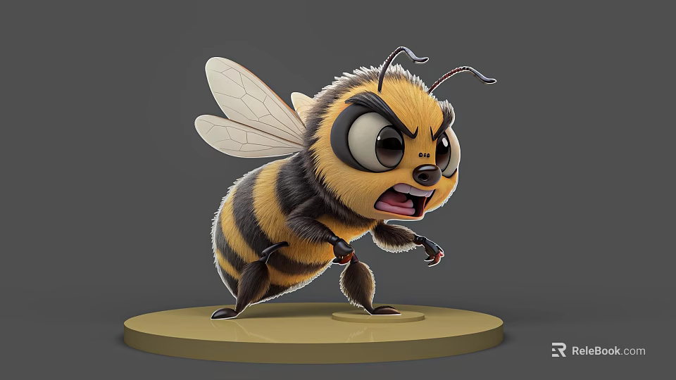 Cartoon Flying Bee With Angry Expression Large Eyes And Yellow Black Stripes On Round Base 3d model 