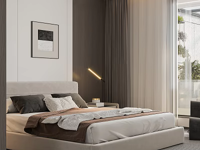 Modern Bedroom Interior With Cozy Bed Gray Pillows Brown White Blanket Wall Painting And Curtains 3d model