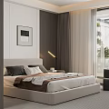 Modern Bedroom Interior With Cozy Bed Gray Pillows Brown White Blanket Wall Painting And Curtains