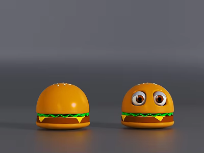 Two Hamburger Shaped Dolls With Big Eyes Yellow Bun Green Lettuce Orange Cheese Gray Background 3d model