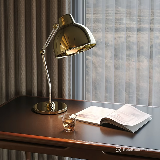 Gold Table Lamp with Metallic Stand on Desk Open Book Glass Cup by Window Curtains 3d model 