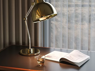 Gold Table Lamp with Metallic Stand on Desk Open Book Glass Cup by Window Curtains 3d model