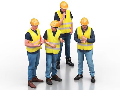 Men in Yellow Hard Hats and Safety Vests Wearing Blue Jeans Discussing Work 3d model