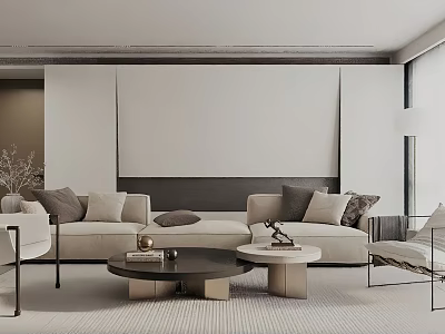 Modern Living Room Interior With Beige Sofa Multiple Cushions Black Coffee Table And White Armchair 3d model