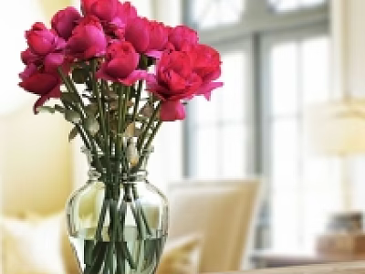 Transparent Glass Vase With Red Pink White Flowers On Wooden Table In Bright Living Room 3d model