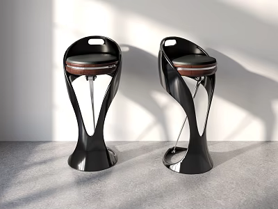 Modern Stylish Black Bar Stools With Unique Curved Base And Leather Seat 3d model