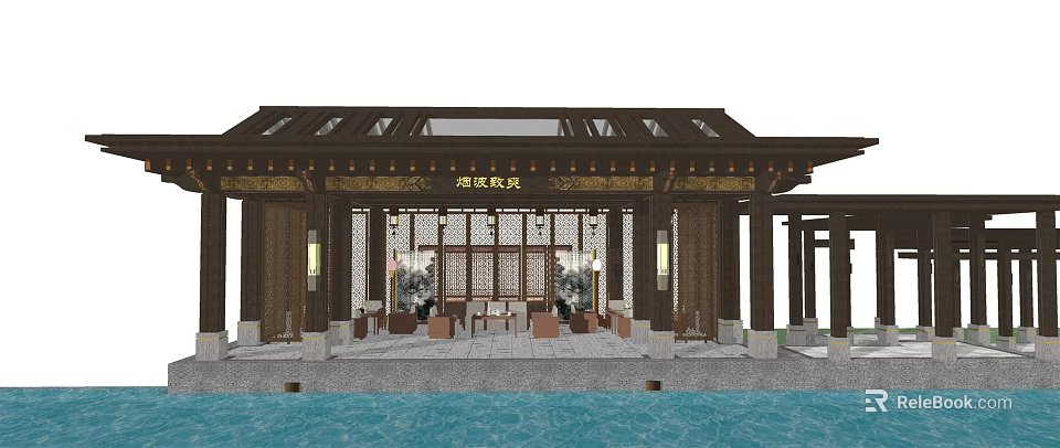 Elegant Traditional Chinese Tea House Wooden Structure With Eaves Carvings And Outdoor Pool Seating 3d model 