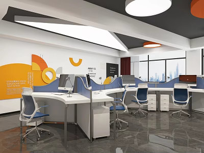 Modern Office Interior With Cubicle Workstations Blue White Chairs Orange White Wall Decor And Windows 3d model