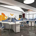 Modern Office Interior With Cubicle Workstations Blue White Chairs Orange White Wall Decor And Windows
